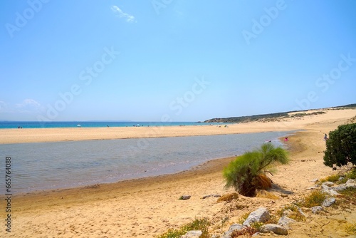 beach Playa Valdevaqueros at the Atlantic Ocean at a sunny day in the summer  Costa de la Luz  Andalusia  province of C  diz  Spain  Travel  Tourism