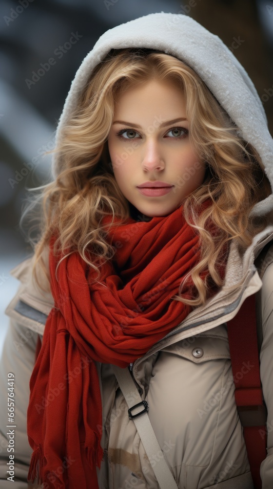 Young woman in red cloth looking to the camera, generative ai Young woman in red cloth looking to the camera, generative ai