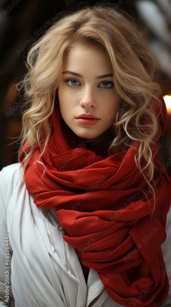 Fototapeta premium Young woman in red cloth looking to the camera, generative ai