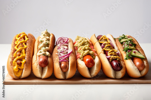 Row of different hot dogs on white background