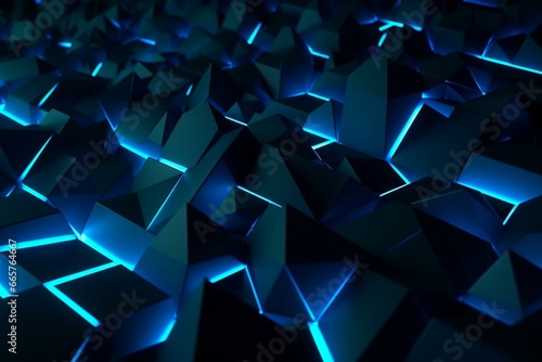 Vibrant neon surface with geometric shapes. Illuminated  abstract blue 3D backdrop. Generative AI