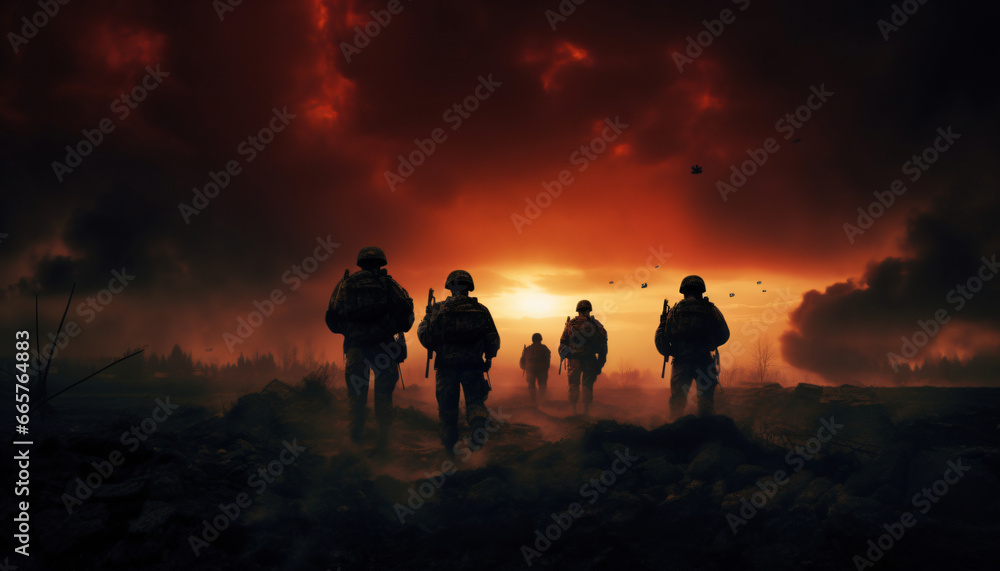 Soldiers Silhouetted Against a Sunset Sky