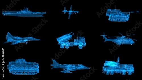 High Resolution set of detailed loop rotating 360 degrees military holograms. Models MLRS M142 HIMARS 2006, SA-22 SPAAGM Greyhound. Slow motion 60 fps