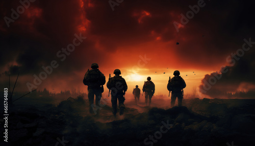 Soldiers Silhouetted Against a Sunset Sky