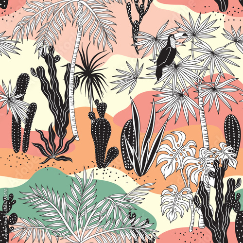 Oasis desert cactus, palm tree and toucan seamless pattern. Tropical graphic wallpaper.