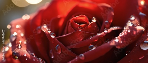 A close-up of dewdrops on the petals of a red rose, glistening in the morning sunlight