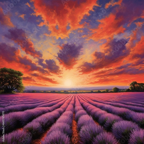 A dramatic sunset over a field of lavender in full bloom