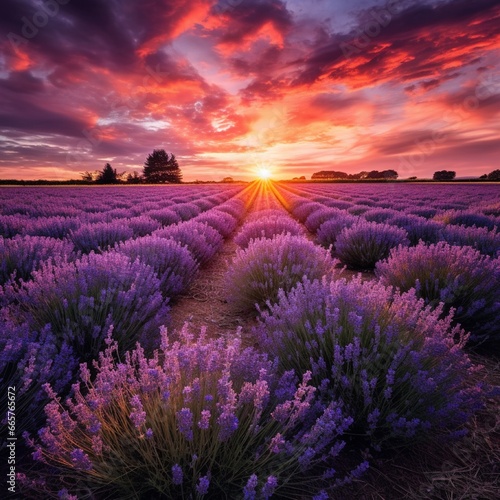A dramatic sunset over a field of lavender in full bloom