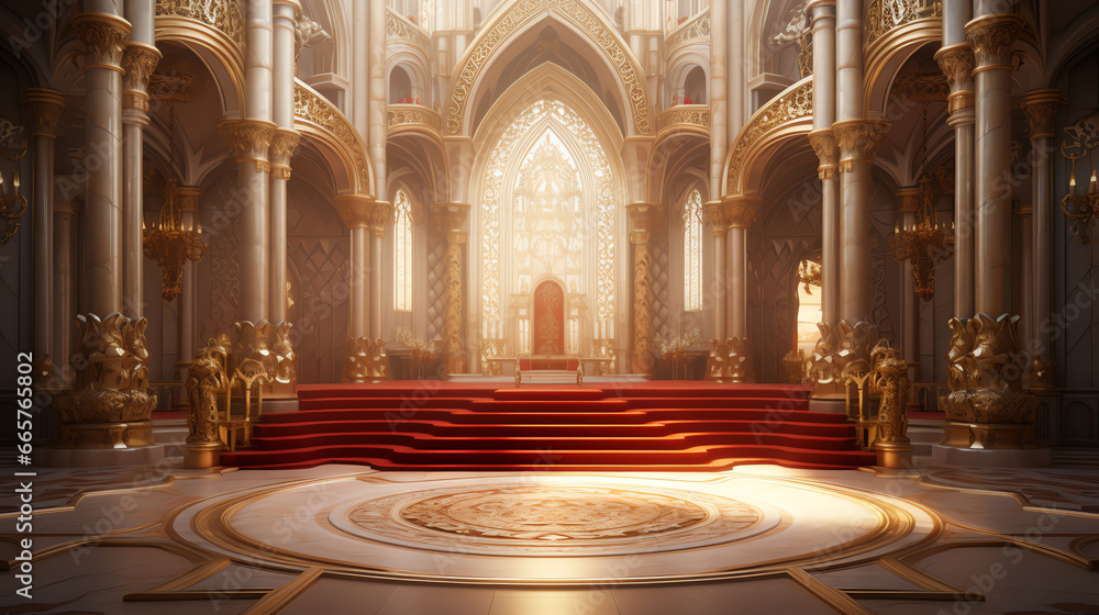 Obraz premium A fantasy empty throne in hall cathedral background of castle gothic
