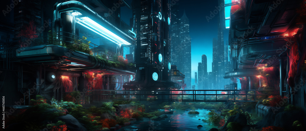 Obraz premium Futuristic cyberpunk urban cityscape, Neon Lights, city lights