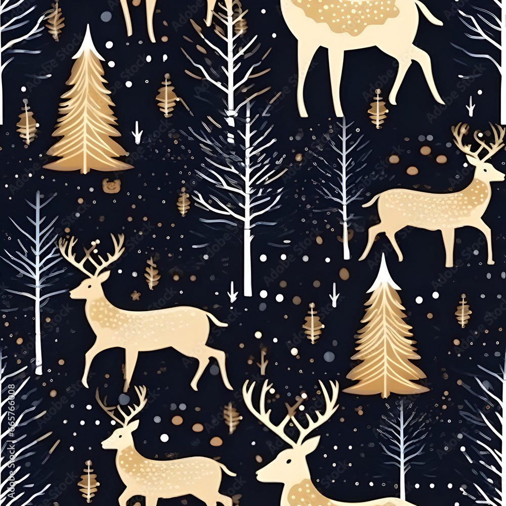 A seamless pattern of a reindeer in a forest in the snow