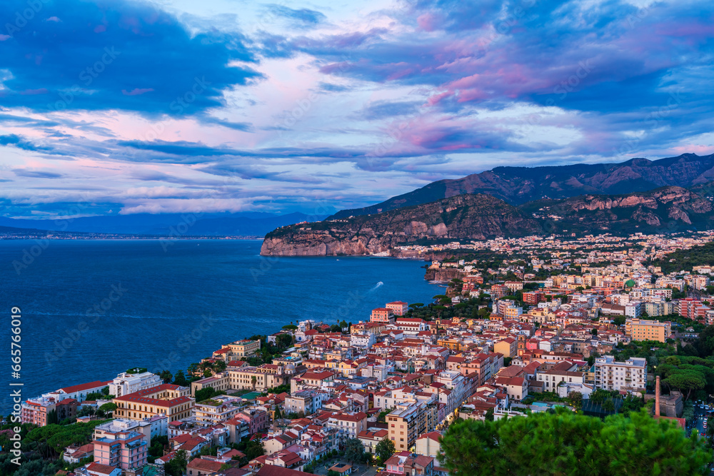 Panoramic view of Sorrento and the Bay of Naples in Italy at dusk