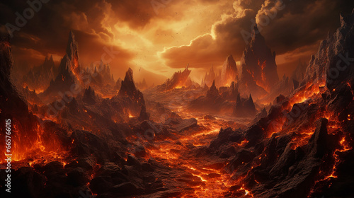 a dark, rocky landscape with a fiery lava