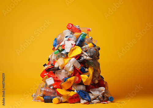 Pile de déchets plastiques colorés sur un fond jaune - tas de détritus et d'ordures photo