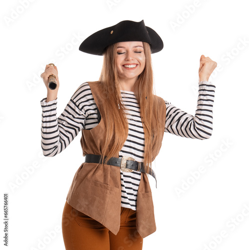 Happy female pirate with spyglass on white background