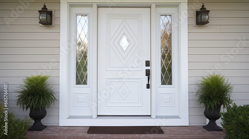 American-style white houses with a white front door decorated with glass. With a veranda decorated with beautiful plants. Generative AI