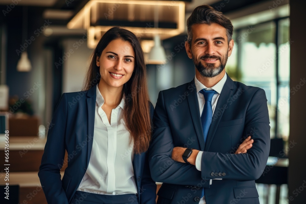 In a modern office building, a successful and cheerful businesswoman and businessman exemplify effective teamwork and partnership. In a modern office building, a successful and cheerful businesswoman and businessman exemplify effective teamwork and partnership.
