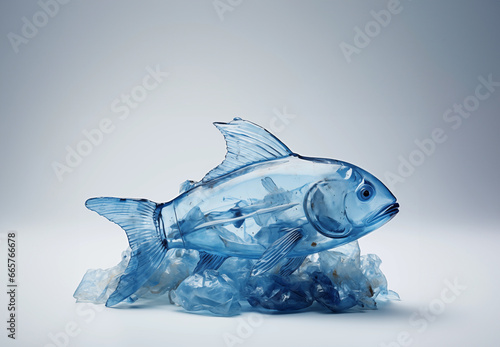 Concept de poisson fait de déchets et de sacs plastiques - pollution des océans et des mers - fond blanc photo
