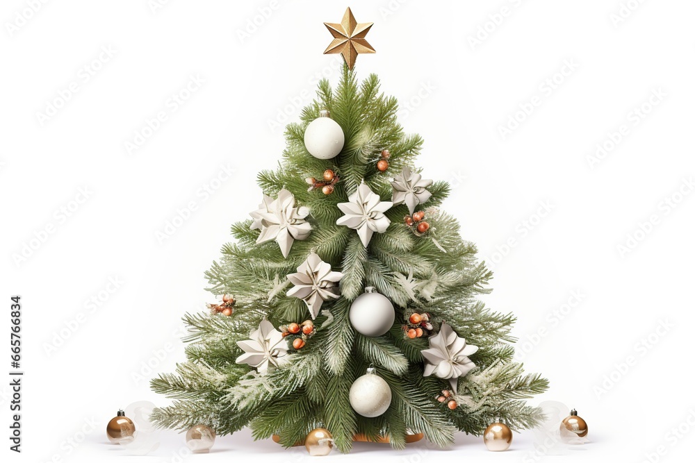 Decorated christmas fir tree on white background