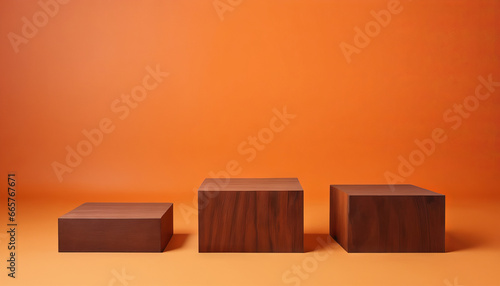 Three brown wooden rectangle cube product stage podium on orange background