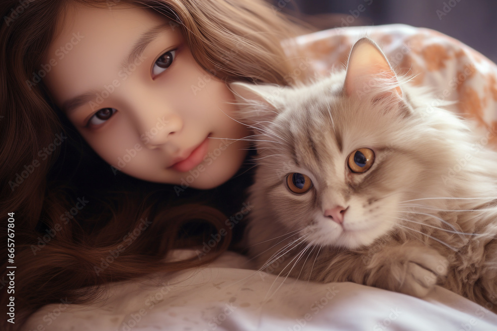 A beautiful cute girl with a cute cat, Attractive look, generative ai, A beautiful cute girl with a cute cat, Attractive look, generative ai,