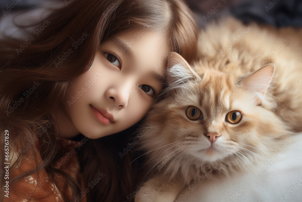 A beautiful cute girl with a cute cat, Attractive look, generative ai,