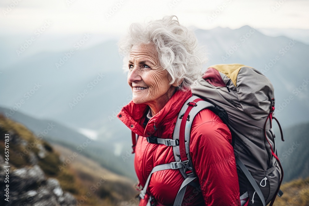 Elderly woman with white, windswept hair carrying a backpack, gazes into the distance atop a mountain, embodying adventure and determination