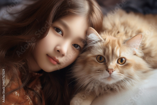 A beautiful cute girl with a cute cat, Attractive look, generative ai,