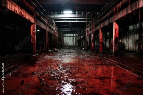 pool of blood. Concrete abandoned horror warehouse. butchery slaughterhouse. Pouring blood. Serial killer. Torture hostage hiding place. guts and viscera. slaughter. Halloween concept art. 