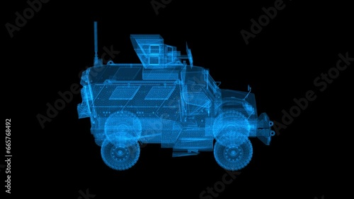Mine resistant ambush protected vehicle MRAP. High resolution 4K detailed loop rotating 360 degrees view hologram. Slow motion 60 fps photo