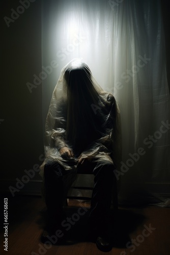 Old dark spooky concrete room prison. imprisoned, imprisonment. Torture. Hostage. Man tied up to a chair. Dead tortured man. Hostage. In captivity. Plastic bag covering his face. Horror Halloween 