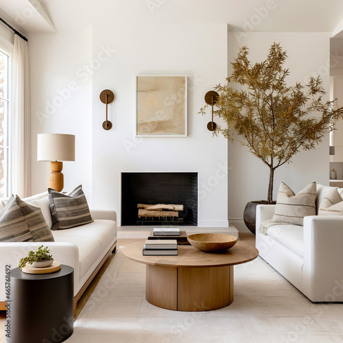 Two white sofa and round coffee table by fireplace. Classic country farmhouse home interior design of modern living room.