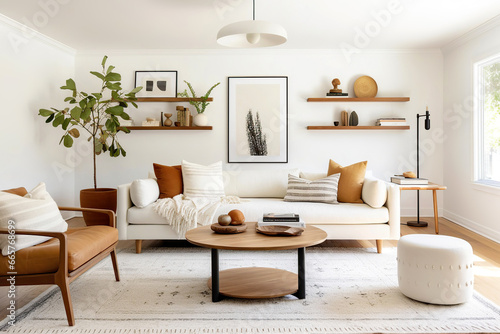 Round wood coffee table between brown leather chair and ottoman against sofa. Wall with floating shelves. Country farmhouse home interior design of modern living room.