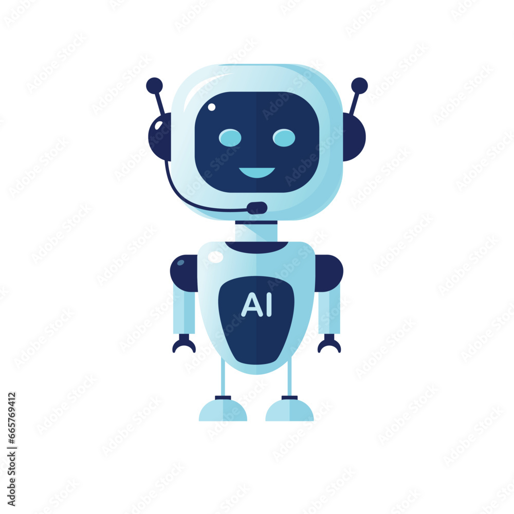 Robot artificial intelligence technology character illustration. Cute android with AI text isolated on white. Digital innovation concept. Design element for banner poster web website posting Robot artificial intelligence technology character illustration. Cute android with AI text isolated on white. Digital innovation concept. Design element for banner poster web website posting