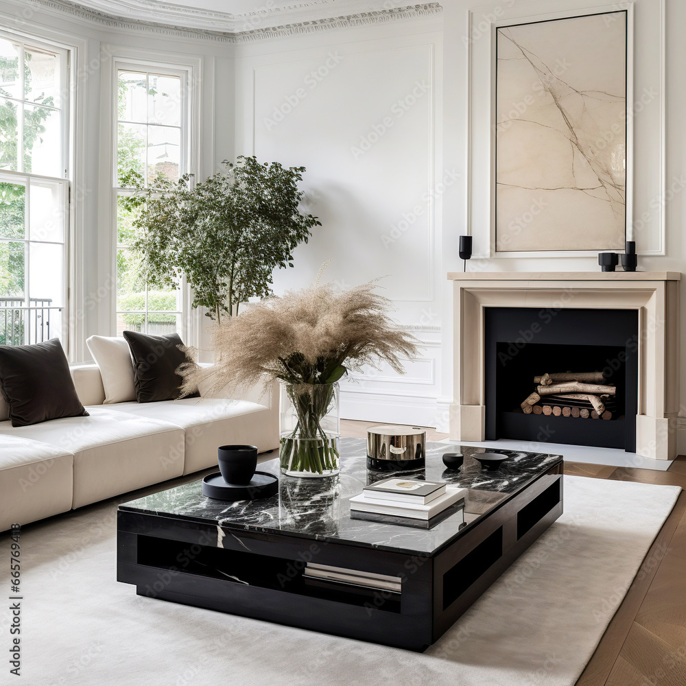 Black marble stone coffee table near white sofa by classic fireplace
