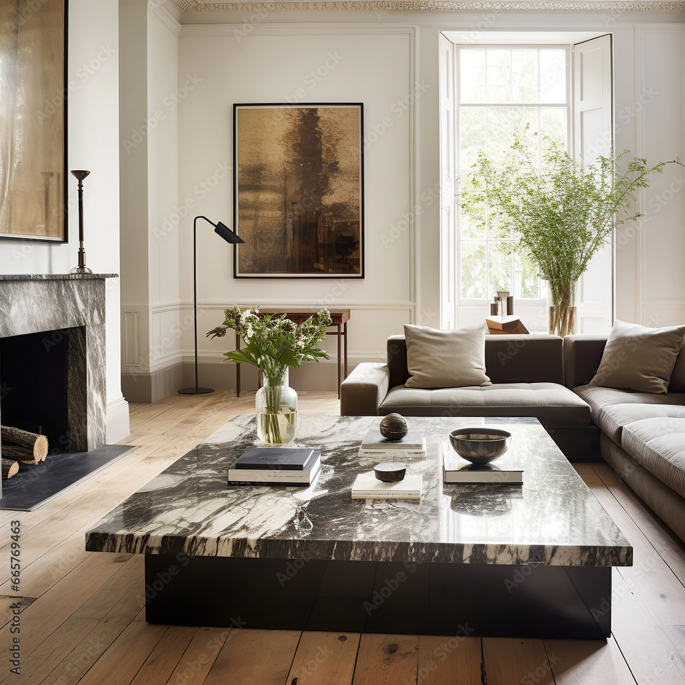 Black marble stone coffee table near grey sofa by fireplace. Art deco