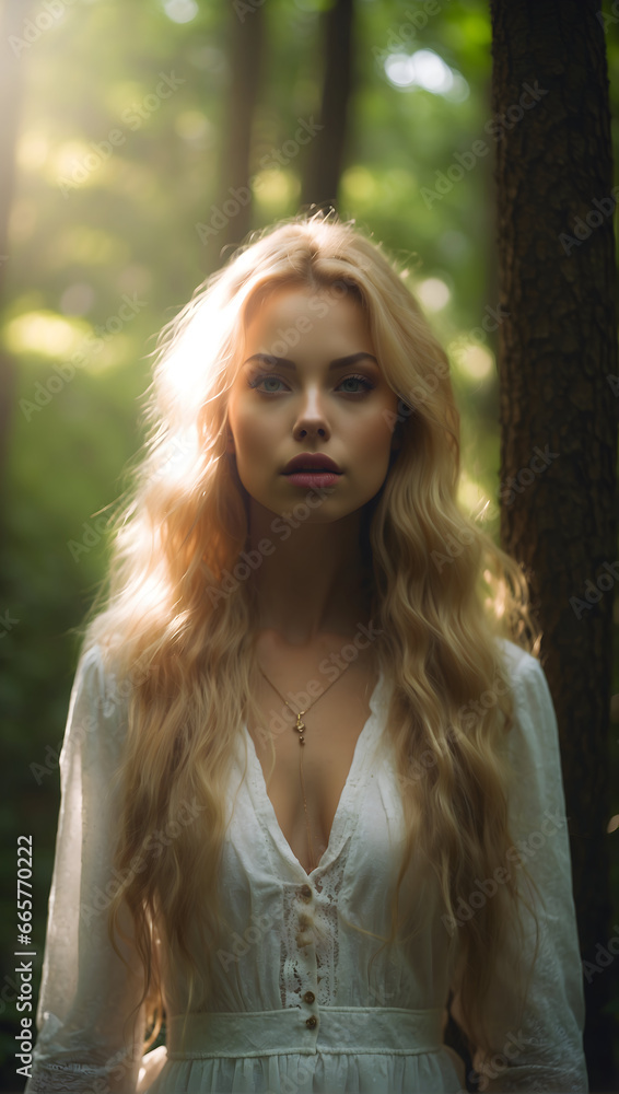 a glamorous looking blonde woman in the rain forest
a glamorous looking blonde woman in the rain forest