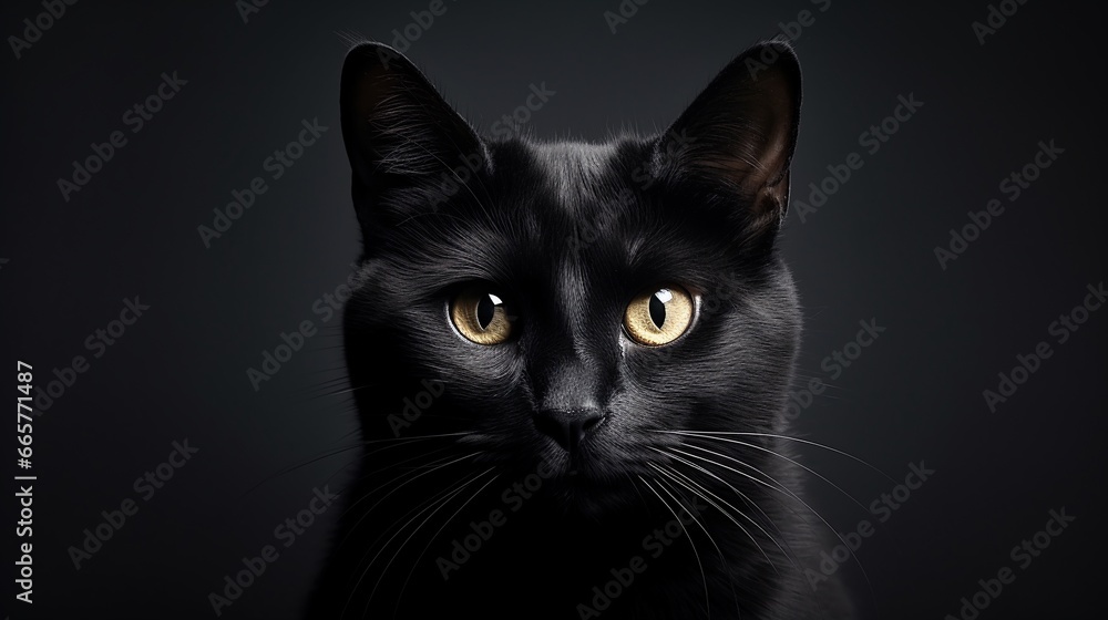 Closeup portrait black cat The face in front of eyes is yellow. Halloween black cat Black background