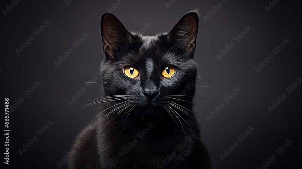 Closeup portrait black cat The face in front of eyes is yellow. Halloween black cat Black background Closeup portrait black cat The face in front of eyes is yellow. Halloween black cat Black background