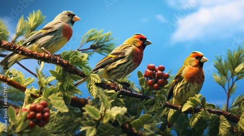A trio of finches flitting among the branches, their colors a riot of reds, yellows, and greens against the blue sky.