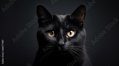 Closeup portrait black cat The face in front of eyes is yellow. Halloween black cat Black background