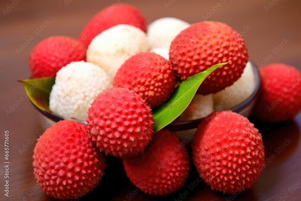 Lychee in a bowl on a wooden table, close up, Juicy indulgence A tantalizing arrangement of litchi, AI Generated Lychee in a bowl on a wooden table, close up, Juicy indulgence A tantalizing arrangement of litchi, AI Generated