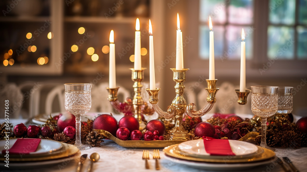 A brass menorah adorned with candles, radiating the warm glow of Hanukkah traditions in a beautifully decorated home A brass menorah adorned with candles, radiating the warm glow of Hanukkah traditions in a beautifully decorated home