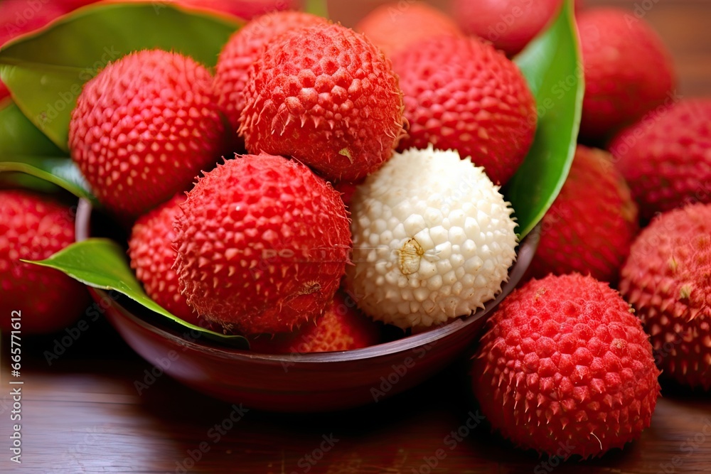 Lychee fruits in a bowl on wooden table, close up, Juicy indulgence A tantalizing arrangement of litchi, AI Generated