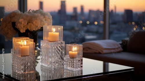 Modern crystal candleholders glistening in the soft light of a contemporary urban penthouse  enhancing the cityscape view
