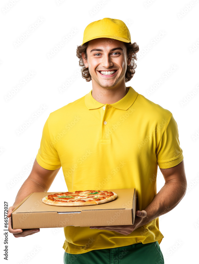 Pizza delivery guy with pizza isolated on transparent background Pizza delivery guy with pizza isolated on transparent background