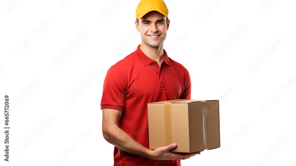 Courier with delivery box. Delivery guy isolated on transparent background Courier with delivery box. Delivery guy isolated on transparent background