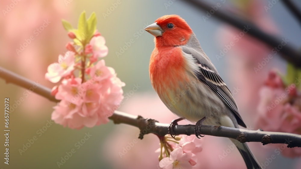 A male finch perched on a budding branch, its song filling the air with the sweet music of a spring morning.