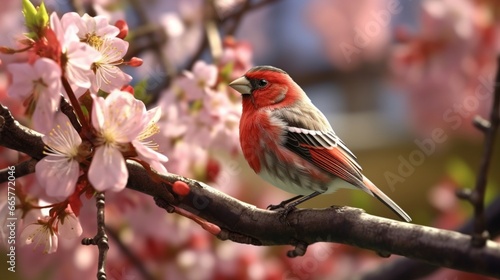 A male finch, its feathers a brilliant shade of scarlet, perched on a blooming branch, a beacon of color in the garden. © Sajawal