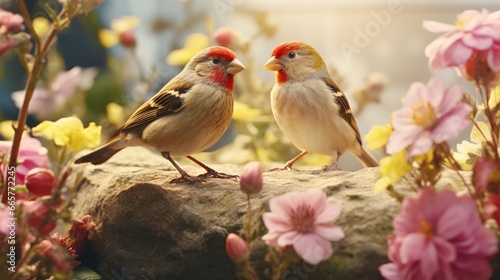 A pair of finches exploring a garden, their tiny feet hopping from bloom to bloom in search of seeds and insects.